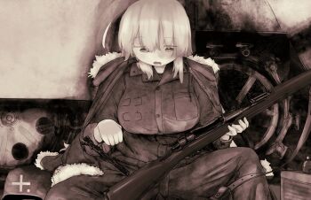 Rule 34 | 1girl, alternate breast size (larger), blonde hair, breasts, coat, combat helmet, enocoroco, fur coat, gun, half-closed eyes, helmet, highres, holding, holding gun, holding weapon, kettenkrad, large breasts, looking down, military uniform, monochrome, on ground, open clothes, open coat, open mouth, rifle, shoujo shuumatsu ryokou, sitting, solo, stahlhelm, weapon, yuuri (shoujo shuumatsu ryokou)