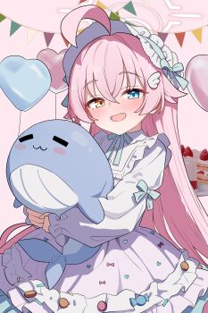 1girl absurdres ahoge alternate_costume balloon blue_archive blue_eyes blue_ribbon blush bonnet cake commentary_request cowboy_shot dress fang food frilled_dress frilled_skirt frills hair_between_eyes hair_ornament halo happy_birthday hat hat_ribbon heart_balloon heterochromia highres holding holding_stuffed_toy hoshino_(blue_archive) hugging_object korean_commentary long_hair long_sleeves looking_at_viewer neck_ribbon open_mouth pac-man_eyes pink_background pink_hair pink_halo plate ribbon saho_4545 simple_background skirt sleeve_ribbon sleeves_past_wrists smile solo stuffed_animal stuffed_toy stuffed_whale textless_version white_bonnet white_dress wing_hair_ornament yellow_eyes