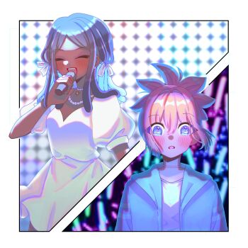 1girl 2girls amaryllis_(dr._stone) black_hair blue_eyes blue_hair blue_jacket blush bow brown_hair choker closed_eyes commentary dark-skinned_female dark_skin dr._stone dreadlocks dress english_commentary glowstick hair_bow hair_ribbon highres holding holding_microphone implied_yuri jacket jewelry kohaku_(dr._stone) koharyllis long_hair microphone multiple_girls necklace open_mouth pearl_necklace ponytail puffy_short_sleeves puffy_sleeves ribbon short_sleeves smile star_(symbol) star_necklace surprised teeth upper_teeth_only very_dark_skin white_choker white_dress