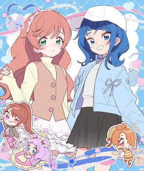 ;q alternate_hairstyle asymmetrical_bangs baseball_cap black_skirt blue_background blue_eyes blue_hair blue_jacket bow_hairband brown_hair brown_hat brown_shorts brown_vest casual chibi child commentary cut_bangs ellee-chan frilled_pillow frilled_skirt frills green_eyes grey_jacket grey_shirt grin hair_down hair_ornament hair_over_one_eye hair_up hairband hat heart heart-shaped_pillow highres hirogaru_sky!_precure holding_hands izumi_kirifu jacket layered_skirt leg_up letter light_frown long_hair long_sleeves looking_at_viewer medium_hair mini_hat mini_person mini_top_hat miniboy minigirl multiple_girls nijigaoka_mashiro notice_lines one_eye_closed open_clothes open_jacket orange_hair orange_sweater_vest outline pants pillow pink_hair pink_hairband pink_pants pink_ribbon pleated_skirt ponytail precure purple_eyes red_eyes ribbed_shirt ribbon shirt short_hair shorts side-by-side skirt smile sora_harewataru standing standing_on_one_leg star_(symbol) star_hair_ornament sweater_vest tongue tongue_out top_hat turtleneck turtleneck_shirt two_side_up vest white_hat white_outline white_shirt white_skirt yellow_shirt