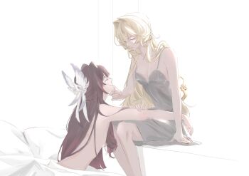 2girls black_hair blonde_hair breasts chewinggum_p cleavage closed_mouth clothed_female_nude_female columbina_(genshin_impact) commentary dress genshin_impact grey_dress greyscale hand_on_another&#039;s_chin highres long_hair looking_at_another medium_breasts monochrome multiple_girls nude parted_lips pillow purple_streaks sandrone_(genshin_impact) smile winding_key yuri