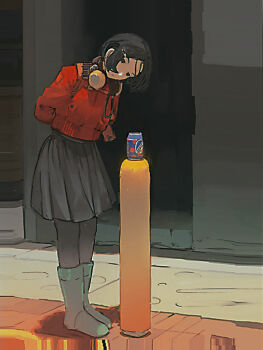 1girl bepis_(meme) black_hair black_skirt black_thighhighs bollard boots full_body green_boots hair_ornament hairclip headphones jacket meme notfuji original parted_hair pensive phallic_symbol pleated_skirt red_jacket short_hair sidewalk skirt solo thighhighs