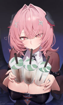 1girl absurdres berserker_r black_dress black_shrug breasts bubble_tea bubble_tea_challenge cleavage cup disposable_cup dress drinking_glass drinking_straw drinking_straw_in_mouth hair_ornament highres holding holding_cup large_breasts looking_at_viewer medium_hair object_on_breast pink_eyes pink_hair pointy_ears remielle_dan shrug_(clothing) solo upper_body zenless_zone_zero