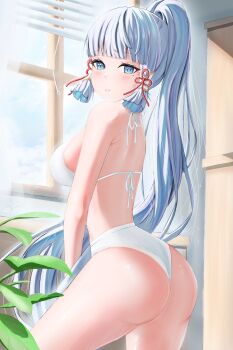 1girl absurdres arched_bangs ass ayaka_(genshin_impact) blue_eyes blush bra breasts commentary day eg_kcresp from_side genshin_impact high_ponytail highres indoors large_breasts long_hair looking_at_viewer looking_to_the_side mole mole_under_eye panties parted_lips ponytail sidelocks solo thighs underwear very_long_hair white_bra white_hair white_panties window window_blinds