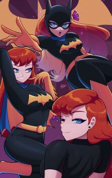 :o ;) absurdres axlhearts barbara_gordon batgirl batman:_the_animated_series batman_(series) black_bodysuit black_shirt blue_eyes bodysuit breasts cape closed_mouth dc_comics earrings gloves highres jewelry leg_up long_hair mask multiple_views one_eye_closed open_mouth red_hair shirt short_sleeves smile superhero_costume yellow_gloves