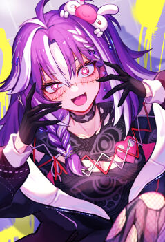 1girl black_choker black_gloves black_shirt breasts choker fang gloves heart heart-shaped_pupils highres jacket large_breasts long_hair long_sleeves looking_at_viewer michi_mochievee michi_mochievee_(1st_costume) multicolored_hair open_mouth pink_eyes purple_hair shirt skin_fang smile solo stitched_face stitches symbol-shaped_pupils upper_body virtual_youtuber vshojo white_hair zen8ze