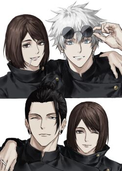 1girl 2boys black_hair blue_eyes brown_eyes brown_hair candy closed_mouth eyewear_on_head food getou_suguru gojou_satoru hair_pulled_back hand_on_another's_shoulder highres holding holding_candy holding_food holding_lollipop ieiri_shoko jujutsu_kaisen jujutsu_tech_uniform lollipop lollipop_in_mouth looking_at_viewer mole mole_under_eye multiple_boys multiple_views one_eye_closed plug_(piercing) removing_eyewear short_hair simple_background smile sso_s white_background white_hair