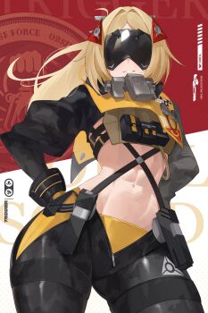 1girl abs absurdres black_pants blindfold_mask blonde_hair bulletproof_vest camouflage camouflage_pants commentary eye_mask highres long_hair mask pants parted_lips skin_tight smile solo toned toned_female trigger_(zenless_zone_zero) two-tone_background weimiaw zenless_zone_zero