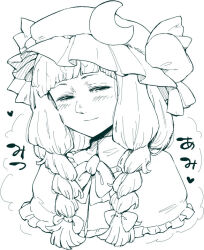 Rule 34 | 1girl, alternate hairstyle, blunt bangs, blush, bow, bowtie, braid, capelet, commentary request, crescent, crescent hat ornament, cropped torso, daitai konna kanji, frilled capelet, frills, greyscale, hair bow, hat, hat ornament, hat ribbon, heart, long hair, looking at viewer, mob cap, monochrome, patchouli knowledge, ribbon, smile, solo, touhou, twin braids, white background