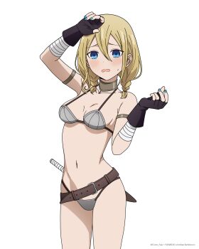 1girl arm_strap arm_up armor artist_name bandaged_arm bandages belt belt_buckle bikini_armor black_gloves blonde_hair blue_eyes blue_nails blush breasts buckle collar collarbone commentary coro_fae cowboy_shot dagger dot_nose double-parted_bangs english_commentary fingerless_gloves gloves grey_belt hair_between_eyes hand_up hayasaka_ai highres kaguya-sama_wa_kokurasetai_~tensai-tachi_no_renai_zunousen~ knife long_bangs medium_breasts medium_hair metal_collar navel open_mouth raised_inner_eyebrows sheath sheathed simple_background solo standing stomach sweat weapon white_background