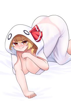 1girl blush breasts cleavage closed_mouth commentary english_commentary fang ghost_costume halloween_costume highres huge_breasts looking_at_viewer on_bed panties red_eyes red_panties red_ribbon ribbon rion_(user_ufvg8527) rumia see-through_clothes smile solo touhou underwear
