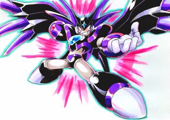 1boy android arm_cannon armor aura bass_(mega_man) black_armor black_helmet chest_jewel evil_grin evil_smile facial_mark fins forehead_jewel glowing glowing_eyes grin head_fins helmet highres marker_(medium) mechanical_wings mega_man_(classic) mega_man_(series) mega_man_x_(series) mega_man_x_dive miyako_(toykingpaint) powering_up red_eyes robot robot_ears shoulder_armor simple_background smile solo spread_wings super_bass_(mega_man) teeth traditional_media weapon white_background winged_helmet wings