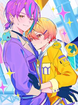 2boys black_choker black_gloves choker closed_mouth commentary_request creature earrings gloves hand_on_another's_waist highres jewelry kamishiro_rui korean_commentary looking_at_viewer low_ponytail male_focus multiple_boys ponytail project_sekai purple_hair sleeves_rolled_up smile sparkle sweat tenma_tsukasa yellow_eyes yuja03lelee