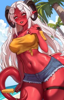 absurdres arm_tattoo bare_shoulders beach bikini black_nails blush breasts brown_lips cloud colored_skin covered_erect_nipples demon_girl demon_horns demon_tail denim denim_shorts earrings food glasses highres horns indie_virtual_youtuber jewelry medium_breasts melissa_belladonna meowrim micro_shorts navel navel_piercing off-shoulder_shirt off_shoulder palm_leaf palm_tree piercing pointy_ears popsicle purple_bikini red_skin round_eyewear shirt shorts side-tie_bikini_bottom swimsuit tail tattoo thigh_strap tied_shirt tree white_eyes white_hair yellow_shirt