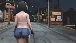 3d animated ass black_hair bouncing_breasts breasts denim denim_shorts fallout fallout_4 fingerless_gloves gloves green_eyes halterneck headset kyoumachi_seika large_breasts short_hair short_shorts shorts sound tagme thick_thighs thighs underboob video voiceroid walking