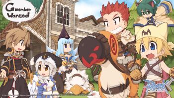! 3boys 3girls :d animal_ears armor armored_dress backpack bag bell belt bird black_coat black_hat blonde_hair blue_dress blue_eyes blue_sky boots breasts brown_belt brown_eyes brown_footwear brown_gloves brown_hair brown_pants brown_shirt building bush buttons capelet cat_boy cat_ears chain chest_guard cleavage closed_mouth coat copyright_notice day deviruchi_hat double-breasted dress emblem empty_eyes english_text epaulettes eye_print full_body gauntlets gloves gold_trim grass green_eyes green_hair grey_hair grey_shirt griffin grin gryphon_(ragnarok_online) hanbok hat hat_bell high_priest_(ragnarok_online) highres holding holding_reins jingle_bell juliet_sleeves korean_clothes logo long_hair long_sleeves looking_at_another looking_to_the_side lunatic_(ragnarok_online) meandros medium_breasts military_uniform multiple_boys multiple_girls noah_hat_(ragnarok_online) novice_(ragnarok_online) official_alternate_costume official_art official_wallpaper open_mouth outdoors pants pauldrons peco_peco pelvic_curtain pink_bag pink_shorts pink_skirt print_hat puffy_sleeves purple_eyes rabbit ragnarok_online rebellion_(ragnarok_online) red_eyes red_hair reins riding riding_bird royal_guard_(ragnarok_online) sash shirt short_hair shorts shoulder_armor shrug_(clothing) sitting skirt sky sleeveless sleeveless_shirt smile soul_linker_(ragnarok_online) spiked_hair spoken_exclamation_mark swordsman_(ragnarok_online) tree triangle_mouth two-tone_dress white_capelet white_dress white_sash white_shirt wide_sleeves wizard_hat yuichirou
