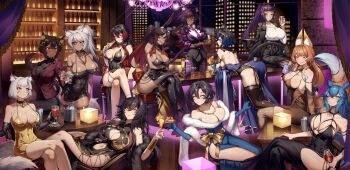 6+girls akane_(azuretaryu) animal_ear_fluff animal_ears annotated arm_strap arm_tattoo armlet backless_dress backless_outfit bar_(place) bare_shoulders bell belt_collar bent_over bent_over_furniture black-framed_eyewear black_dress black_gloves black_hair black_horns black_jacket black_pants black_shirt black_suit black_tail black_thighhighs blonde_hair blue_dress blue_eyes blue_gloves blue_hair blue_tail blunt_bangs blunt_ends blush bracer breasts brown_hair brown_tail cat_ears cat_girl cat_tail catyla_(bird8700) chain chair chandelier cherry cleavage_cutout clothing_cutout cluseller cocktail cocktail_glass collar collarbone colored_lapels commentary commission covered_navel cross-laced_slit crossed_bangs crossed_legs cup dark-skinned_female dark_skin demon_girl demon_horns double-parted_bangs dragon_tattoo dress drinking_glass drinking_straw earrings elbow_gloves elbow_rest english_commentary evening_gown everyone facial_mark final_fantasy final_fantasy_xiv fishnet_thighhighs fishnets food formal_clothes fox_ears fox_girl fox_tail fruit fur-trimmed_dress fur_scarf fur_trim garter_straps glass_bottle glasses gloves gold_armlet gold_bow gold_chain gold_dress gold_earrings gold_necklace gold_trim gradient_hair gradient_tail green_eyes grey_eyes grey_hair hair_between_eyes hair_horns head_wreath high-waist_skirt highres holding holding_cocktail_shaker holding_cup horns ice ice_cube jacket jacket_on_shoulders jellyfish_cut jewelry jingle_bell kirih_shiraishi_(sword_scream) lamp lapels large_breasts laurel_crown leather leather_jacket lemon lemon_slice long_hair looking_at_another looking_at_viewer miqo&#039;te mole mole_under_eye multicolored_hair multiple_girls myria_loussier_(salverion) navel_cutout neck_bell necklace necktie night no_bra notched_lapels o&#039;sha_(ltxaesthetic) on_stool orange_(fruit) orange_eyes orange_slice original pant_suit pants parted_bangs pendant_choker plunging_neckline ponytail purple_eyes purple_hair purple_jacket purple_necktie purple_tail rabbit_ears rabbit_girl reclining red_hair rei_(freezeflamefox) samantha_silver_(ssilverbc) sash second-party_source sera_(judgemint) shirt short_dress short_hair side_slit silver_(shipsinfloat) sitting skirt sky sleeveless sleeveless_dress smile spaghetti_strap star_(sky) starry_sky strapless strapless_dress suit suit_jacket table tail tattoo tattoo_sleeve thighhighs toasting_(gesture) tsubaki_(powercrasher2) tsurime two-sided_dress two-sided_fabric violet_(siverstorm) vivian_grimelka_(siverstorm) warrior_of_light_(ff14) whisker_markings white_hair white_shirt wooden_chair wooden_table yellow_eyes yellow_sash