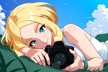 1girl blonde_hair bracelet camera closed_mouth cloud commentary day grass green_eyes hands_up happy highres holding holding_camera jewelry looking_at_viewer lying nintendo outdoors pokemon pokemon_xy shiny_skin shirt sidelocks signature sky sleeveless sleeveless_shirt smile solo sparkle su1zide viola_(pokemon) white_shirt