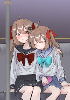 2girls absurdres blush bow brown_hair evil_neuro-sama evil_twin fiansand flat_chest hand_on_another&#039;s_shoulder highres indie_virtual_youtuber long_hair multiple_girls neuro-sama phone red_eyes ribbon school_uniform siblings sisters skirt sleeping sleeping_on_person socks train_interior twintails virtual_youtuber yui-sama_(neuro&#039;s_sister)