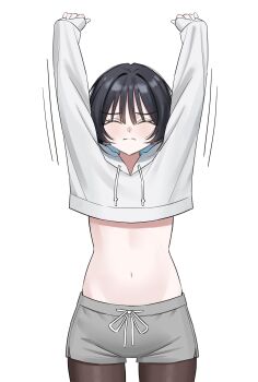 1girl arms_up black_hair black_pantyhose choppy_bangs closed_eyes closed_mouth commentary crop_top cropped_hoodie drawstring english_commentary grey_shorts highres hood hoodie long_sleeves motion_lines navel original pantyhose pantyhose_under_shorts sambel_kacang1 short_hair short_shorts shorts simple_background sleeves_past_wrists solo stomach straight-on stretching white_background white_hoodie