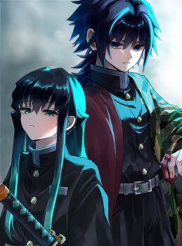 Rule 34 | 2boys, aqua eyes, aqua hair, belt, black hair, black jacket, black pants, blue eyes, buttons, closed mouth, demon slayer uniform, gold buttons, haori, hashtag-only commentary, high collar, highres, holding, holding sword, holding weapon, jacket, japanese clothes, katana, kikkoumon, kimetsu no yaiba, looking at viewer, low ponytail, male focus, multicolored hair, multiple boys, pants, ponytail, print haori, red haori, refu q, spiked hair, sword, tokitou muichirou, tomioka giyuu, two-tone hair, weapon, white belt