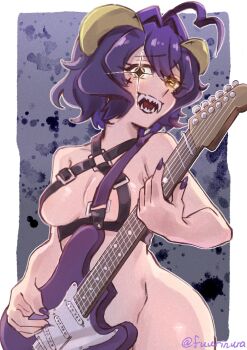 1girl artist_name breasts cleavage cross cross-shaped_pupils cross_facial_mark cross_pasties facial_mark fangs forward-facing_horns fuurinura guitar highres holding holding_guitar holding_instrument horns instrument looking_at_viewer magia_baiser mahou_shoujo_ni_akogarete music nude open_mouth pasties purple_hair short_hair simple_background small_breasts star_(symbol) star_tattoo symbol-shaped_pupils tattoo thighs yellow_horns
