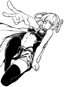 1girl bare_arms bare_shoulders braid braided_hair_rings breasts cloak commentary crop_top greyscale hair_rings highleg highleg_panties highres looking_at_viewer lvup1234 medium_breasts monochrome nanakusa_nazuna_(yofukashi_no_uta) navel outstretched_arm panties panty_straps parted_lips ringed_eyes short_hair shorts sidelocks simple_background solo thighhighs underwear v yofukashi_no_uta