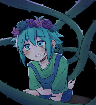 Rule 34 | 1boy, antenna hair, basil (headspace) (omori), basil (omori), black background, blue overalls, blush, clenched teeth, collarbone, commentary request, double-parted bangs, flower, flower wreath, green eyes, green hair, green shirt, hair between eyes, head wreath, highres, male focus, omori, open mouth, overall shorts, overalls, plant, segue5o, shirt, short hair, short sleeves, sidelocks, simple background, solo, sweat, t-shirt, tearing up, teeth, thorns, vines