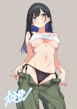 1girl bare_arms black_hair black_panties blue_eyes blue_hair blush breasts character_request check_character check_copyright clothes_lift clothes_pull collarbone colored_inner_hair commentary_request copyright_request cowboy_shot from_below green_pants grey_background gridman_universe groin hair_between_eyes highres kamidan large_breasts long_hair looking_at_viewer multicolored_hair navel open_fly panties pants pants_pull parted_lips pulling_own_clothes shiny_skin shirt_lift side-tie_panties sidelocks simple_background solo ssss.gridman standing stomach straight_hair string_panties takarada_rikka tank_top translation_request underboob underwear undressing white_tank_top