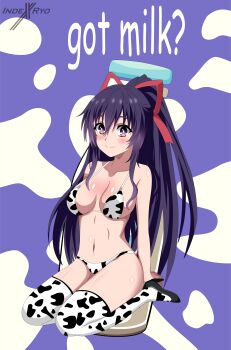 1girl absurdres animal_print bikini blush breasts cow_girl cow_print cow_print_bikini date_a_live highres indexryo large_breasts print_bikini smile swimsuit yatogami_tohka