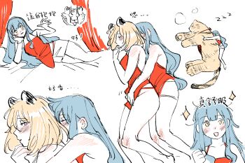 2girls animal_ears animalization apron bang_dream! bang_dream!_it&#039;s_mygo!!!!! bed blonde_hair blue_hair blush highres long_hair medium_hair milfcookiesimp misumi_uika multiple_girls multiple_views naked_apron purple_eyes simple_background sleeping smile sparkle spooning tiger tiger_ears togawa_sakiko white_background yellow_eyes yuri zzz