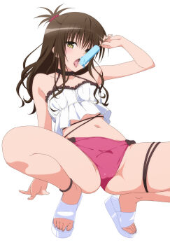 1girl bare_shoulders bikini breasts brown_hair crop_top food highres holding holding_food holding_popsicle loli long_hair looking_at_viewer midriff navel pink_bikini popsicle sandals sexually_suggestive shou937 simple_background small_breasts solo spread_legs squatting stomach swimsuit thigh_strap thighs to_love-ru toes tongue tongue_out white_background yellow_eyes yuuki_mikan
