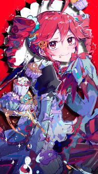 1girl blush food hair_ornament highres kasane_teto muffin oda_kogane pumpkin red_eyes red_hair ribbon smile solo utau