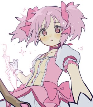 1girl arrow_(projectile) blush bow choker collarbone commentary dress eyes_visible_through_hair gloves hair_bow hand_up highres kaname_madoka kaname_madoka_(magical_girl) looking_at_viewer mahou_shoujo_madoka_magica mahou_shoujo_madoka_magica_(anime) parted_lips pink_bow pink_dress pink_hair puffy_short_sleeves puffy_sleeves red_choker red_eyes short_hair short_sleeves simple_background solo soul_gem sparkle tareme tokage_(pr) white_background white_gloves