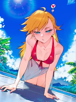1girl ahoge blonde_hair blue_eyes bra breasts cesar_art456 cloud commentary_request copyright_name day earrings heart highres jewelry leaning_forward long_hair looking_at_viewer makeup medium_breasts outdoors panties panty_&amp;_stocking_with_garterbelt panty_(psg) red_bra red_nails red_panties signature sky solo spanish_commentary spoken_heart underwear