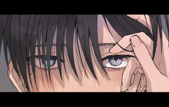 Rule 34 | 2boys, black hair, blush, commentary request, eye reflection, grey eyes, hand in another's hair, highres, hikaru ga shinda natsu, indou hikaru, letterboxed, looking at viewer, male focus, mole, mole under eye, multiple boys, out of frame, reflection, slit pupils, solo focus, sweatdrop, tsujinaka yoshiki, yaoi, yonhachi 48