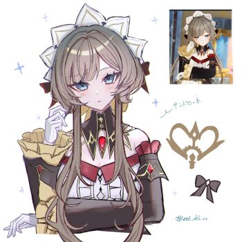 1girl bare_shoulders blonde_hair blue_eyes blush breasts detached_sleeves genshin_impact gloves highres k_o_m_i long_bangs maid_headdress medium_breasts sandrone_(genshin_impact) scene_reference signature solo white_gloves