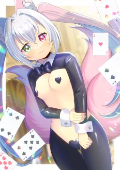 1girl ace_(playing_card) ace_of_hearts animal_ear_fluff animal_ears black_bow black_hiphighs bow breasts card commentary_request five_of_hearts four_of_clubs fox_ears fox_girl fox_tail green_eyes heart heart_pasties heterochromia hiphighs kou_hiyoyo long_hair multicolored_hair original pasties playing_card reverse_bunnysuit reverse_outfit seven_of_clubs shrug_(clothing) small_breasts solo tail ten_of_hearts twintails