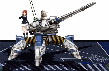 1girl black_socks blue_jacket brown_eyes brown_hair brown_shoes chinese_commentary closed_mouth command_&amp;_conquer:_red_alert command_&amp;_conquer:_red_alert_2 commentary_request commission energy_gun girls_und_panzer green_shirt headphones headphones_around_neck highres jacket kneehighs kochiya_tenko light_frown loafers long_sleeves looking_at_viewer mecha military_uniform miniskirt mixed-language_commentary nishizumi_miho on_vehicle ooarai_military_uniform pleated_skirt robot shirt shoes short_hair skirt socks solo standing undershirt walker_(robot) weapon white_skirt