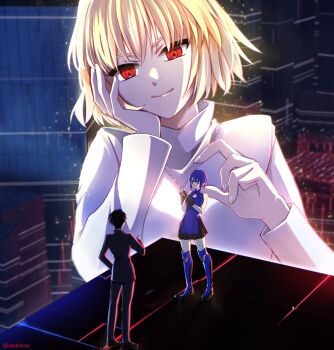 Rule 34 | 1boy, 2girls, adjusting clothes, adjusting gloves, arcueid brunestud, black hair, blonde hair, blue boots, blue eyes, blue hair, boots, building, ciel (tsukihime), city, cleavage cutout, clothing cutout, dress, giant, giantess, gloves, hair between eyes, hair intakes, hand on own cheek, hand on own face, hand on own hip, highres, jewelry, kaisaki, light smile, looking at another, miniskirt, multiple girls, necklace, partially shaded face, powered ciel, reaching, reaching towards another, red arcueid, red eyes, school uniform, short hair, size difference, skirt, sleeveless, sleeveless dress, smile, souya high school uniform, sukiniyaru, sweater, thigh boots, tohno shiki, tsukihime, tsukihime (remake), turtleneck, turtleneck sweater, white sweater