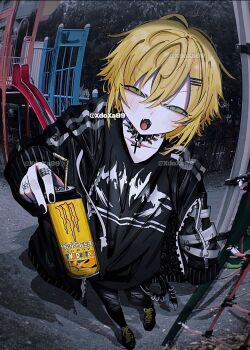 1boy alternate_costume artist_name black_jacket black_nails black_pants black_shirt blonde_hair blush can choker commentary cross cross_choker drinking_straw energy_drink fisheye foreshortening full_body green_eyes hair_between_eyes highres holding holding_can jacket jewelry long_sleeves looking_at_viewer male_focus monster_energy multiple_rings nijisanji open_clothes open_jacket open_mouth outdoors pants playground print_shirt punk ring shirt short_hair slide solo spiked_choker spikes symbol-only_commentary tongue torn_clothes torn_pants uzuki_kou virtual_youtuber xdoxa89