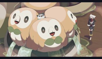 1girl akari_(pokemon) akira_kira barefoot black_hair bucket fountain galaxy_expedition_team_survey_corps_uniform gen_5_pokemon gen_7_pokemon grey_eyes headscarf highres holding long_hair mask mouth_mask nintendo oshawott pokemon pokemon_(creature) pokemon_legends:_arceus red_scarf rowlet scarf sidelocks squeezing white_headscarf wooden_floor