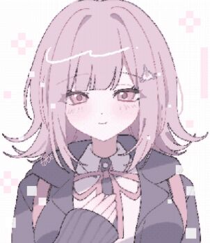 1girl breasts brown_hair collared_shirt danganronpa_(series) danganronpa_2:_goodbye_despair flipped_hair hair_ornament hand_up highres jacket long_sleeves looking_at_viewer medium_hair nanami_chiaki neck_ribbon open_clothes open_jacket pink_eyes pink_ribbon pote_(pote_39) ribbon shirt smile solo white_shirt