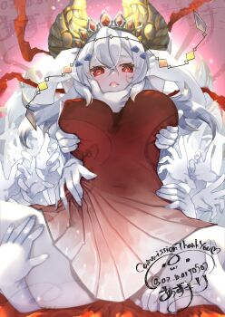 1girl az_(colorb05) blazing_cartesia_the_virtuous breasts colored_skin commission covered_erect_nipples cowboy_shot dress duel_monster ecclesia_(yu-gi-oh!) grey_hair grey_skin highres large_breasts long_hair molestation red_dress red_eyes skeb_commission solo_focus spread_legs watermark yu-gi-oh!