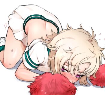 1girl absurdres all_fours blush chainsaw_man cheerleader crop_top famine_devil_(chainsaw_man) flying_sweatdrops grey_hair highres holding holding_pom_poms kirtome medium_hair pom_pom_(cheerleading) pom_poms purple_eyes shirt skirt solo sweat top-down_bottom-up white_background white_shirt white_skirt