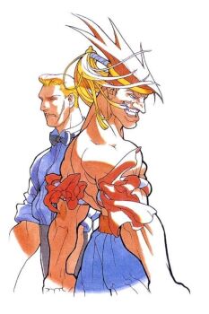 1990s_(style) 2boys abs adon_(street_fighter) bengus blonde_hair capcom crmk eagle_(street_fighter) evil_face evil_smile facial_hair grin headband male_focus muai_thai multiple_boys muscular mustache official_art orange_hair red_hair retro_artstyle ribbon scar shirt short_hair sleeves_rolled_up smile spiked_hair street_fighter street_fighter_i street_fighter_zero_(series) topless_male