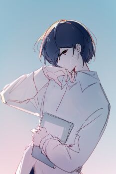 1girl bang_dream! bang_dream!_it's_mygo!!!!! blue_background gradient_background grey_hair hibioes highres holding holding_notebook long_sleeves looking_at_viewer notebook red_eyes shirt short_hair solo sweat takamatsu_tomori white_shirt