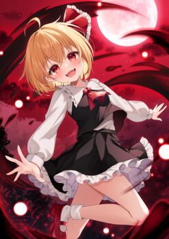 1girl black_skirt black_vest blonde_hair blush breasts highres layered_skirt long_sleeves looking_at_viewer miy@ moon open_mouth red_eyes red_moon red_shoes rumia shirt shoes short_hair skirt small_breasts smile solo touhou vest white_shirt