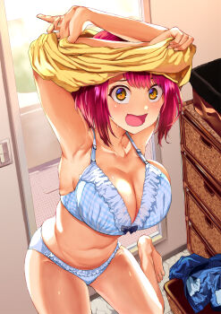 Rule 34 | 1girl, armpits, barefoot, blue bra, blue pants, blush, bow, bow bra, bra, breasts, cleavage, collarbone, commentary request, highres, large breasts, open mouth, orange eyes, original, panties, pants, plaid bra, plaid clothes, plaid panties, red hair, shirt, shirt over head, short hair, solo, underwear, undressing, unworn clothes, yellow shirt, yumeno tanuki