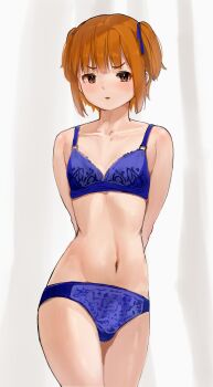 1boy 50-nin_craft absurdres arms_behind_back bare_arms bare_shoulders blue_bra blue_panties blue_ribbon blunt_bangs blush bra bulge collarbone crossdressing crossdressing_(mtf) curtains furrowed_brow groin hair_ribbon highres indoors legs_together linea_alba looking_at_viewer male_focus navel omochi_art753 orange_eyes orange_hair panties parted_lips ribbon short_hair sidelocks solo standing stomach straight_hair tearing_up thighs trap two_side_up underwear underwear_only wadrud_(youtuber)